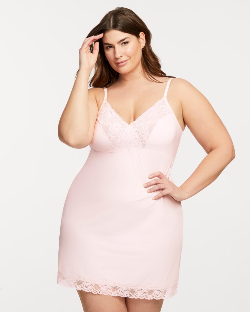 Front of a model wearing a size XL Bust Support Chemise in Blush by Montelle. | dia_product_style_image_id:184896